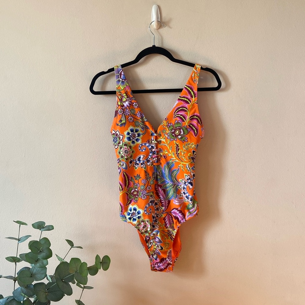 New BCBG Max Azria One Piece Bright Orange Floral Paisley Tie Front Swimsuit